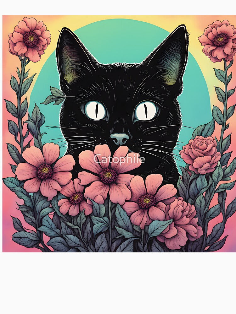 Weird Colorful Black Cat and Flowers by Catophile