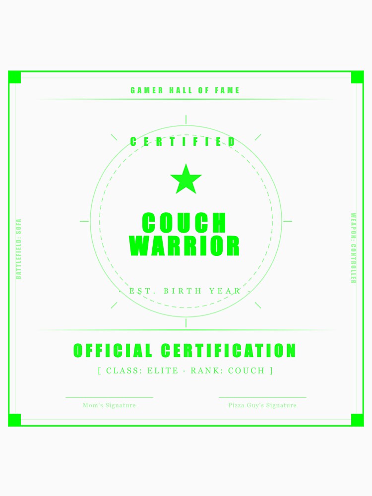 Certified Couch Warrior Funny Gamer Official Badge Dark Humor Neon by Mega-Shopping