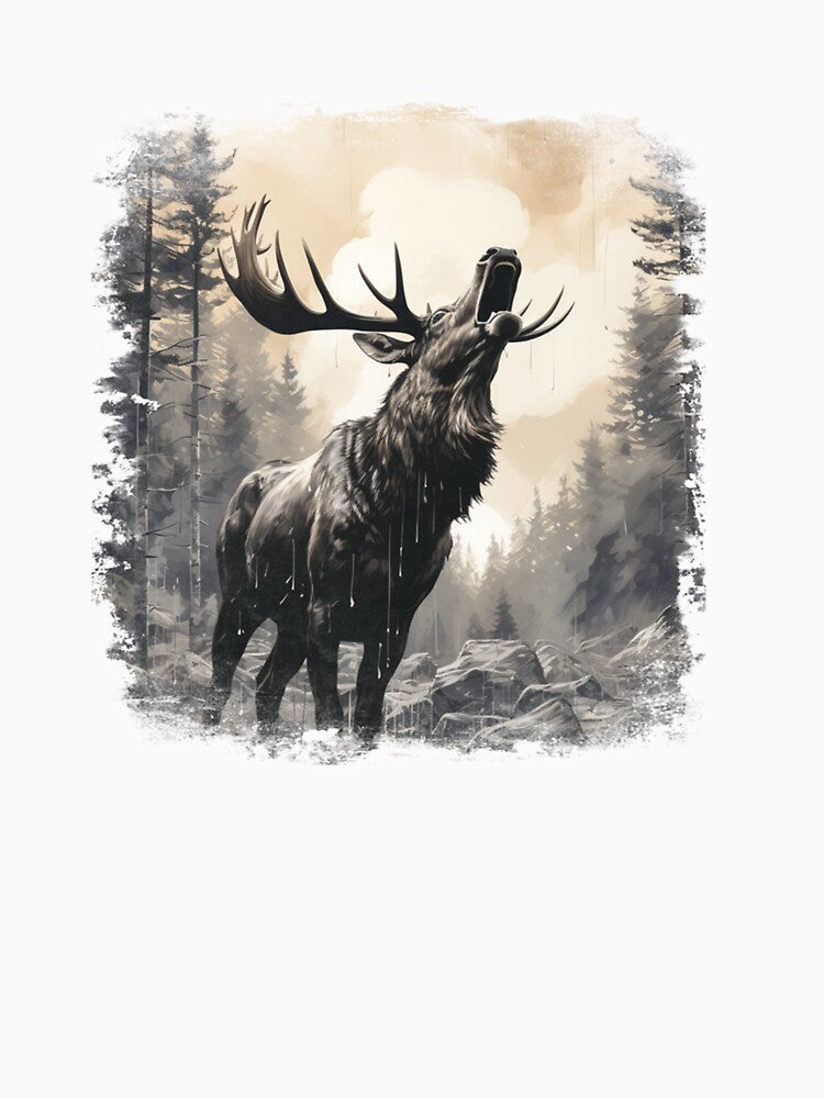 vintage black white moose howling, elk in forest, hunting by taaddison50