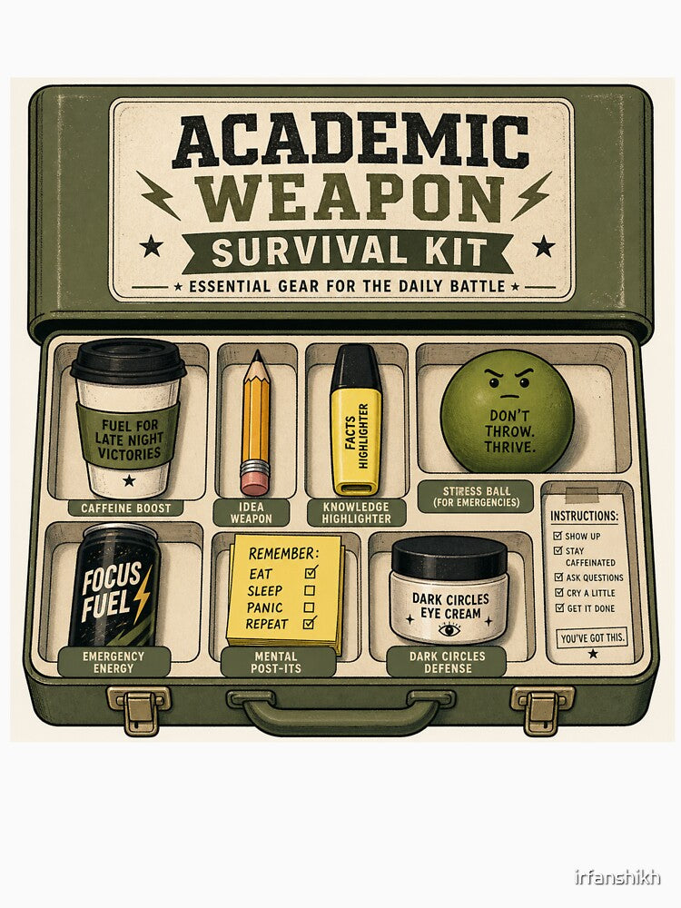 Academic Weapon Survival Kit – Funny Student Essentials Art | Exam Season Gift by irfanshikh