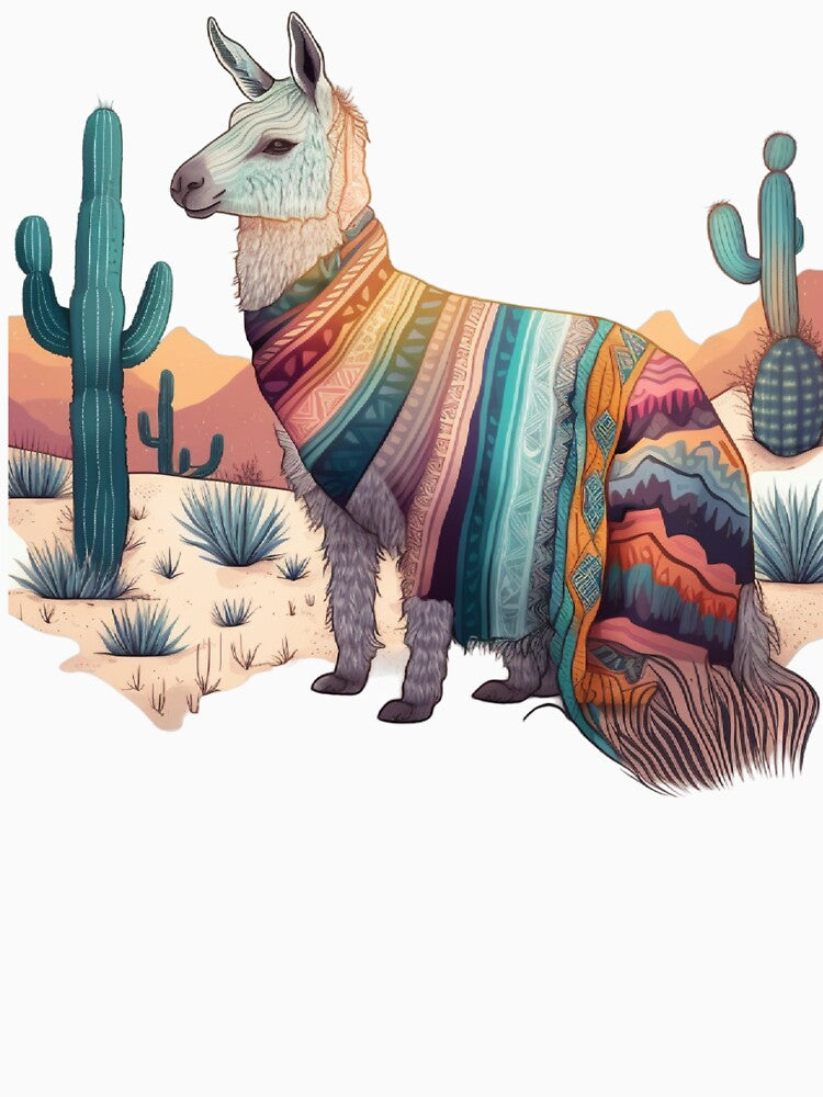 A charming llama wearing a boho-inspired blanket by iDezine GD