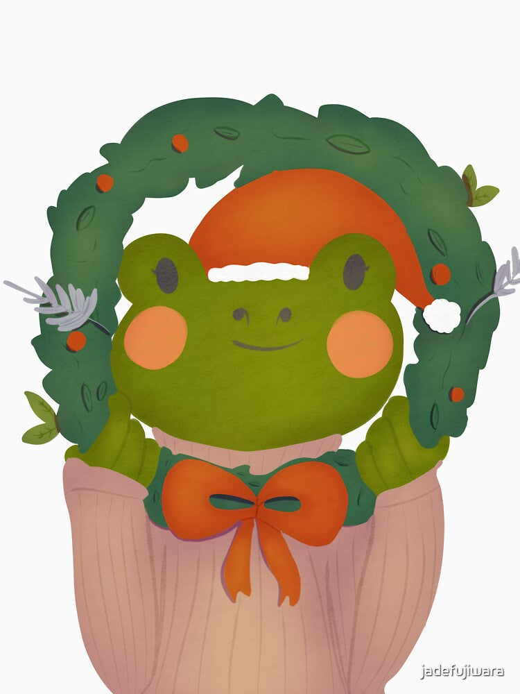 Winter christmas frog with a wreath and santa hat by jadefujiwara