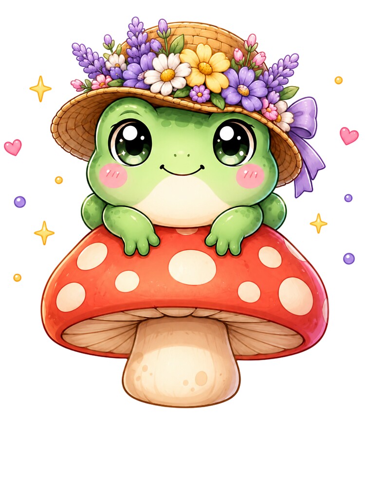 Frog on Mushroom Floral Hat | Kawaii Cottagecore Spring Art by Dulxoz