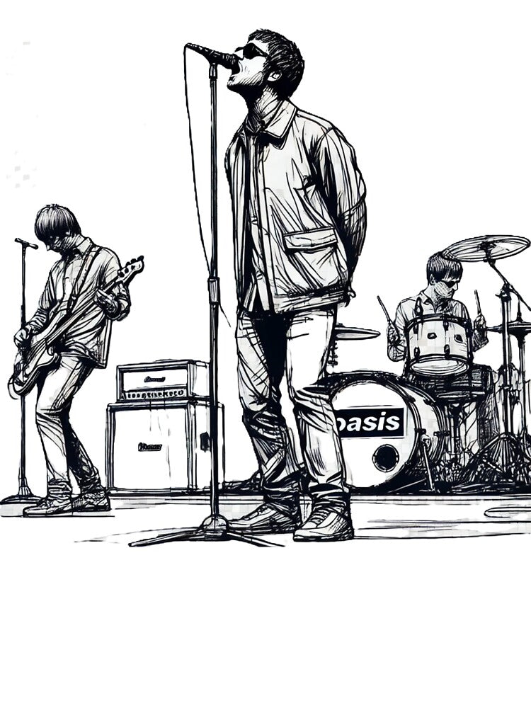 Minimalist Line Art of Oasis Performing – Retro Britpop Band Design by SmartProof Branding