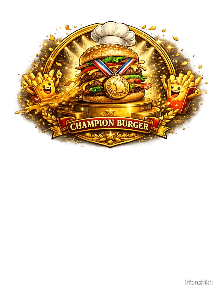 Champion Burger Gold Medal Funny Cheeseburger Vintage T-Shirt & Sticker by irfanshikh