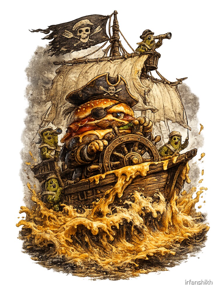 Pirate Burger Captain Sailing Cheese Seas | Funny Burger Pirate Vintage T-Shirt Sticker by irfanshikh