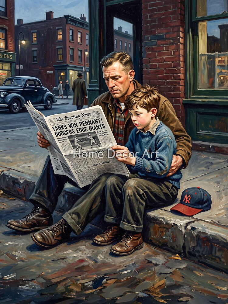 Vintage Father And Son Reading Sports Pages by Home Decor Art