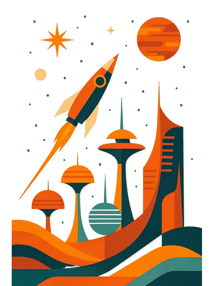 Retro Futurism Rocket Over Space City by SholoStudio