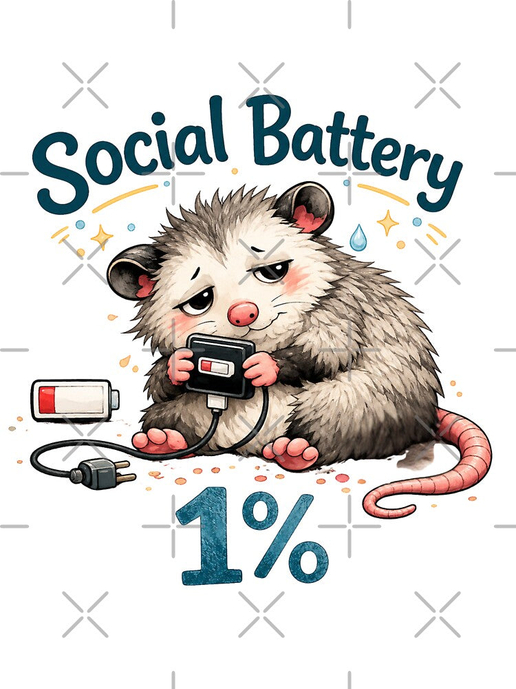 Social Battery 1% Cute Possum Meme Sticker | Introvert Anxiety Humor | Tired Opossum Animal Design by Doodle ⭐⭐⭐⭐⭐