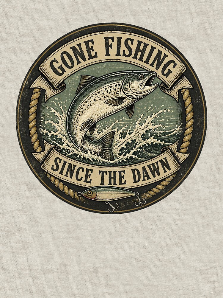 Vintage Gone Fishing Since The Dawn Retro Trout Angler by InkWeaveShop