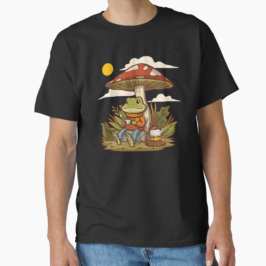 Cozy Frog Drinking Tea Under Mushroom Cottagecore Campfire Wholesome Art by DERA RAY