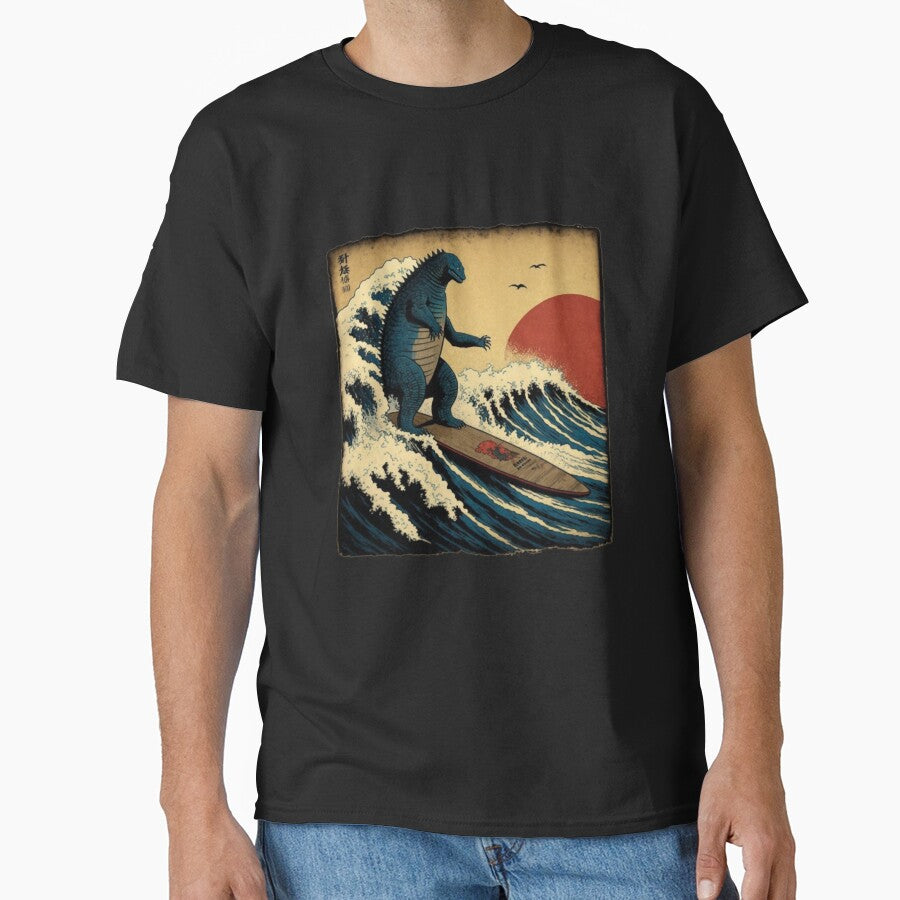 Godzilla Surfing The Great Wave by Hokusai Funny Parody by ShakethaRobin