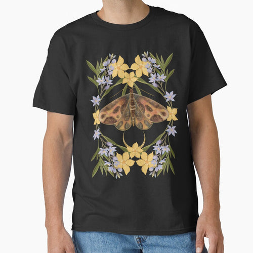 A moody and sophisticated botanical piece featuring a rich, dark-winged moth framed by elegant lavender and yellow blossoms. by Grin Katalina Floral Patterns & Cozy Art
