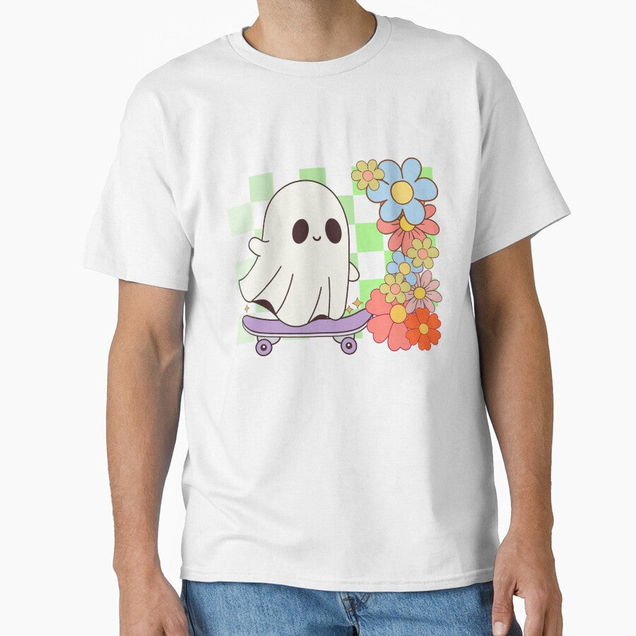 Cute Retro Floral Ghost with Skateboard Halloween by LshellDesigns