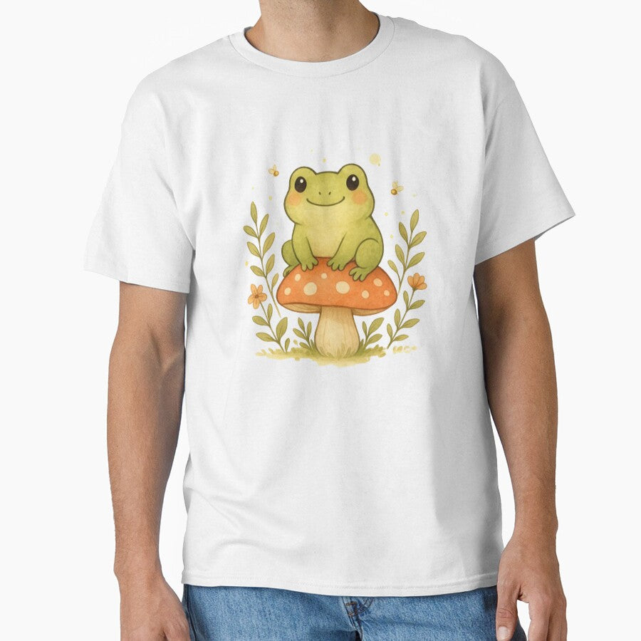 Cute Cottagecore Frog on Mushroom – Kawaii Watercolor Nature Art by FernandsOficial