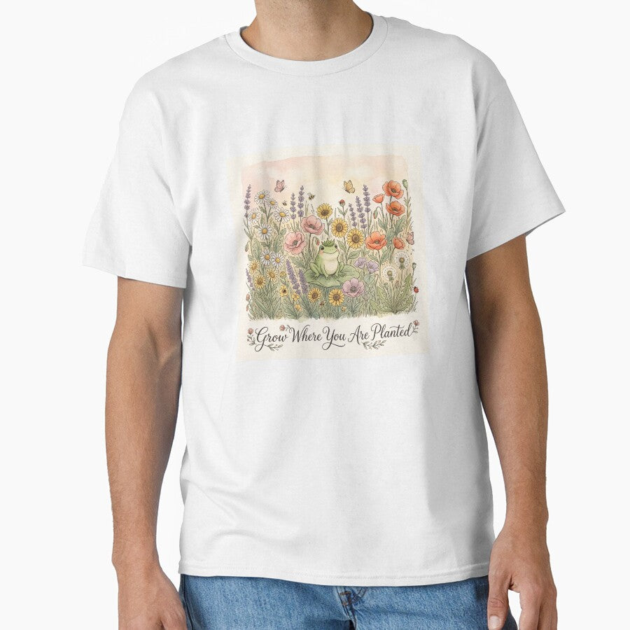 Grow Where You Are Planted Frog Shirt | Cottagecore Wildflower Botanical Graphic Tee by DmaarGroup
