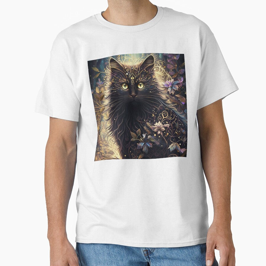 Mystical Black Cat Gothic Gold Ornament Fantasy Forest Art by brkydesign