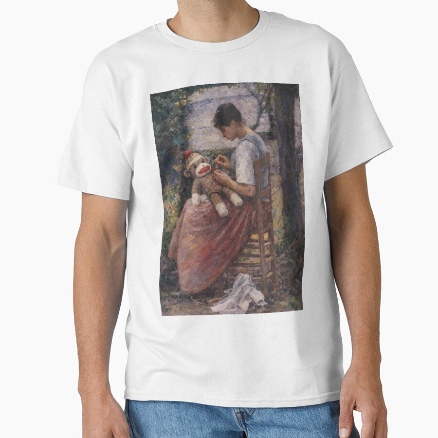 Mending Memories – Impressionist Woman Repairing a Sock Monkey by Pickled Poppies