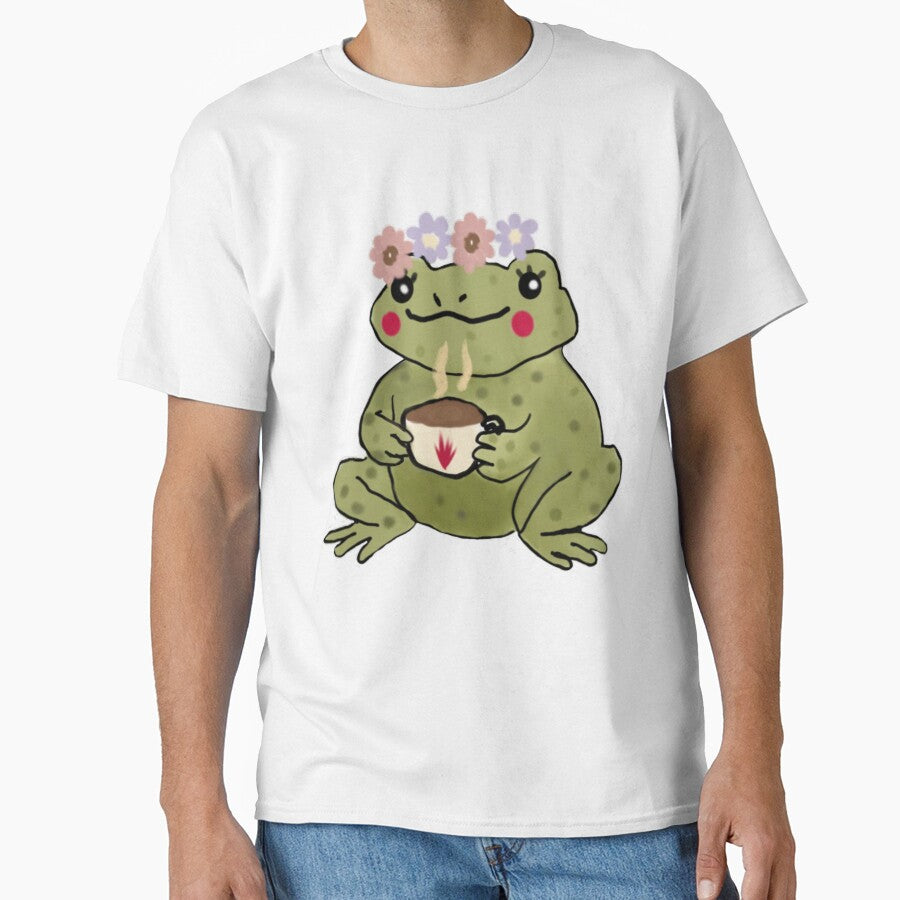 Cozy Frog with Flower Crown and Tea – Cottagecore Vibes by spisc01