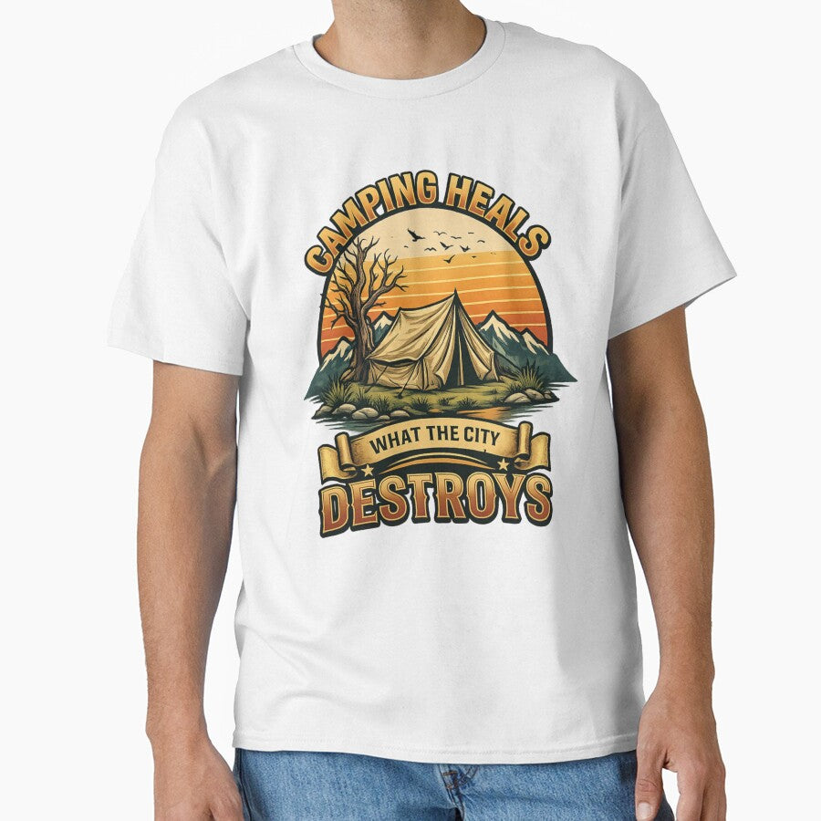 Vintage Camping Heals What The City Destroys Retro Outdoor T-Shirt Design by AMIR PRO