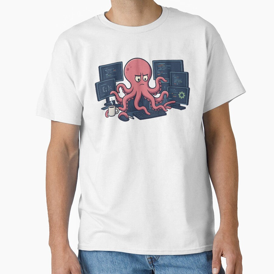 I've become an octopus from too many tasks – a humorous and familiar design for programmers and tech enthusiasts by Ach&Koor