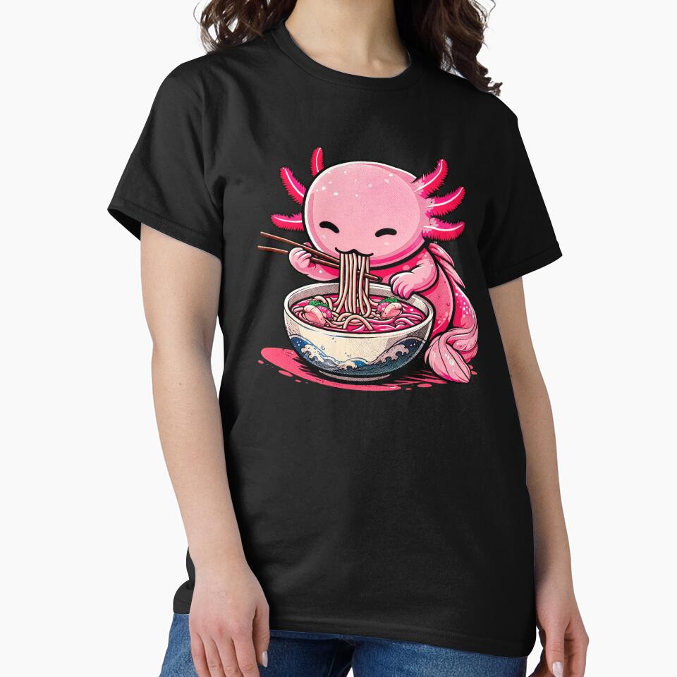 Cute Pink Axolotl Eating Japanese Ramen Noodles Kawaii by Vermanartist