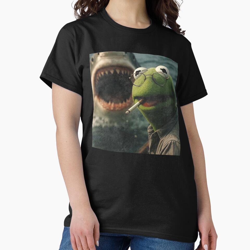 Vintage Washed Dark Humor Shirt, Smoking Frog Meme Tee, Shark Attack Parody by NguboNorento