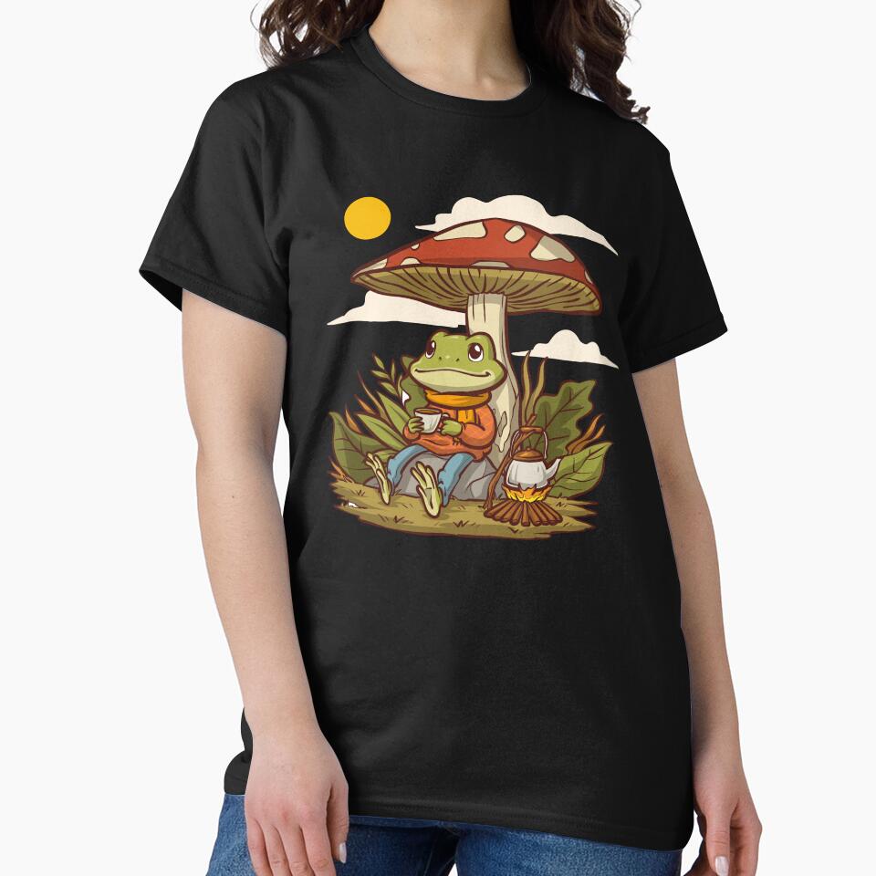 Cozy Frog Drinking Tea Under Mushroom Cottagecore Campfire Wholesome Art by DERA RAY