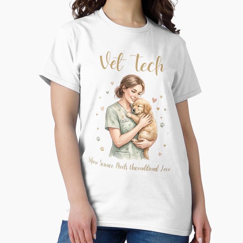 Vet Tech Where Science Meets Unconditional Love — Watercolor Veterinary Technician Golden Retriever Puppy Gift Shirt by CottonFirst