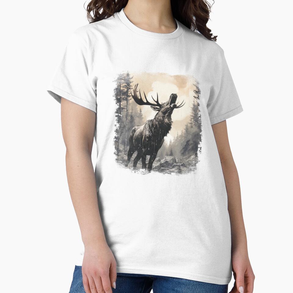 vintage black white moose howling, elk in forest, hunting by taaddison50