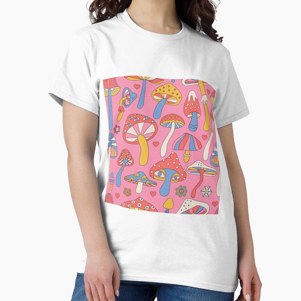 Groovy musroom psychedelic pattern in Pink by ReneMagritteArt
