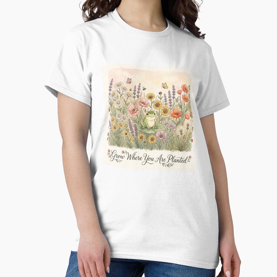 Grow Where You Are Planted Frog Shirt | Cottagecore Wildflower Botanical Graphic Tee by DmaarGroup