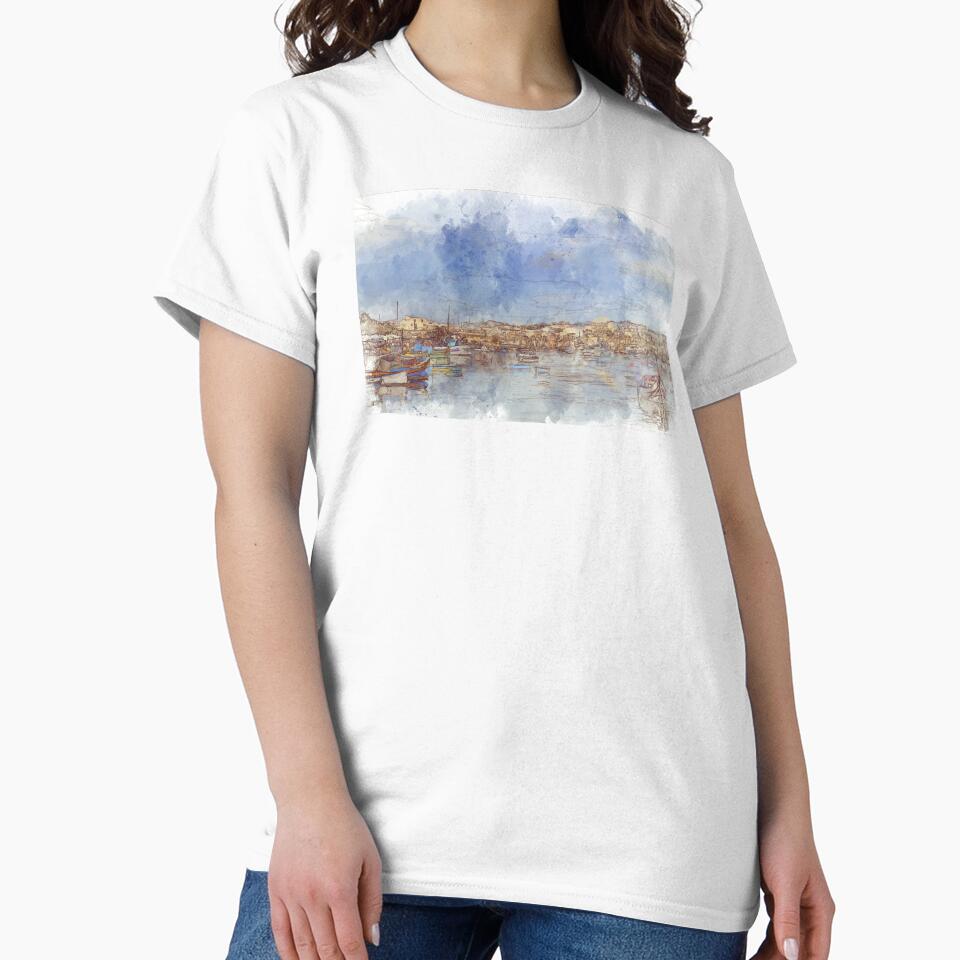 Picturesque Fishing Harbor of Marsaxlokk - Malta - Line and Wash Drawing by Retro Art Factory