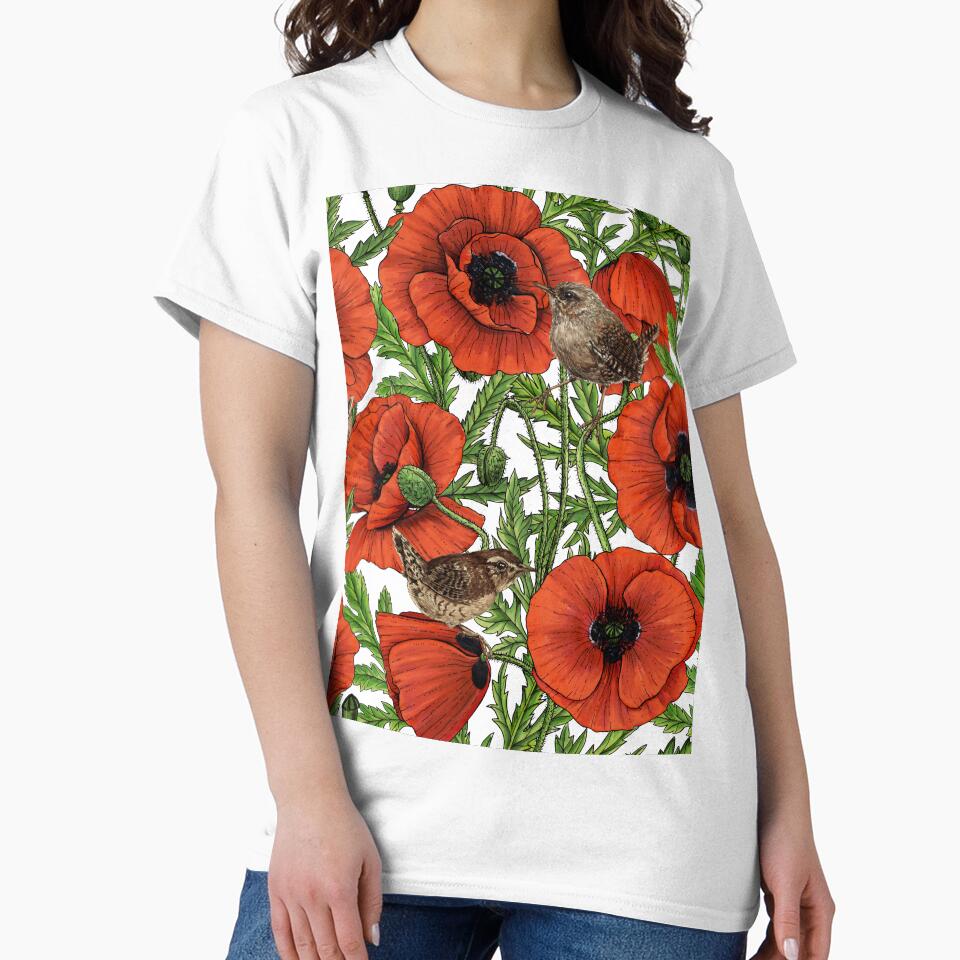 Red poppies and wrens, green leaves on white by Katerina Mitkova Kirilova