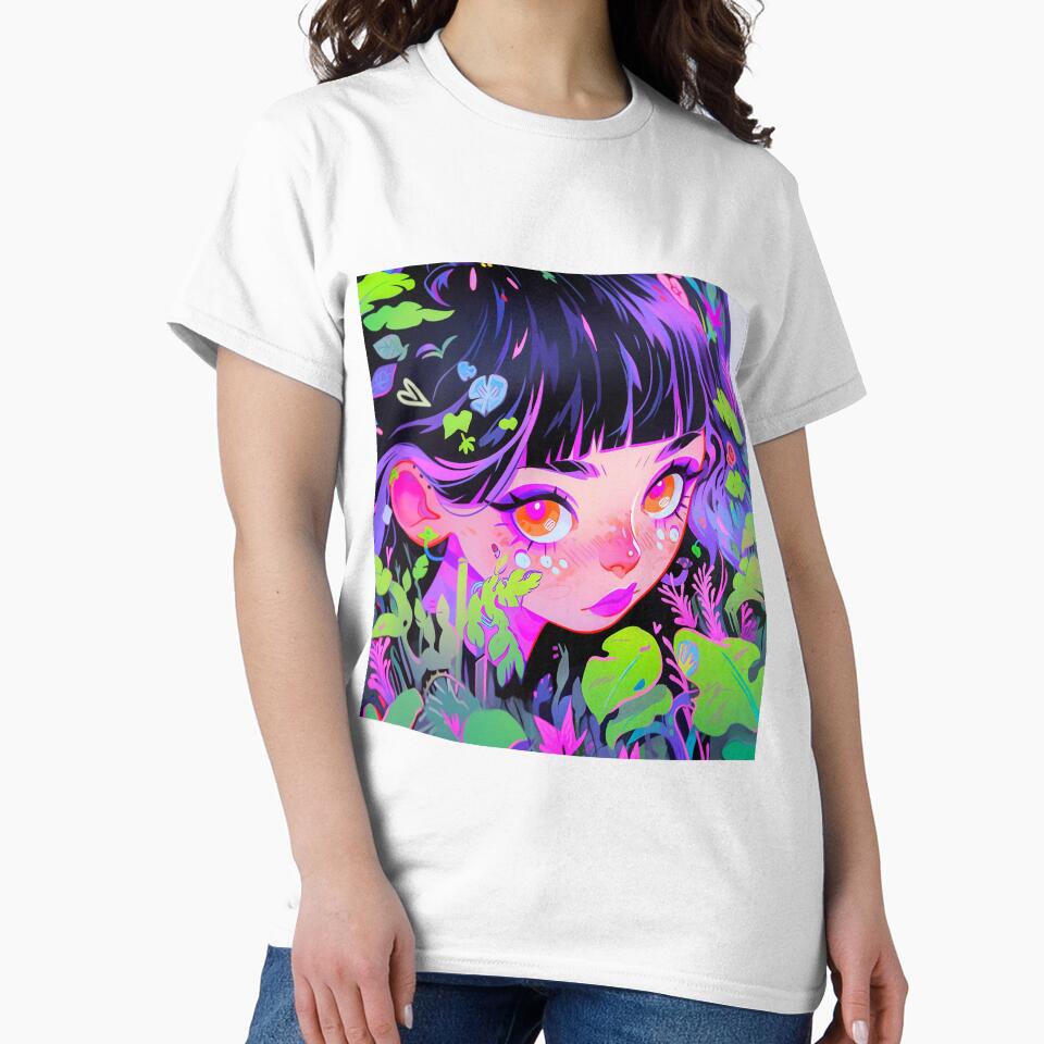 Vibrant Neon Psychedelic Leaves and Flowers Anime Girl by bubblegoth