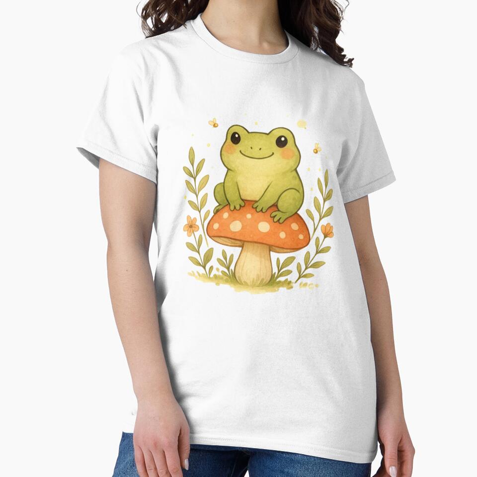 Cute Cottagecore Frog on Mushroom – Kawaii Watercolor Nature Art by FernandsOficial