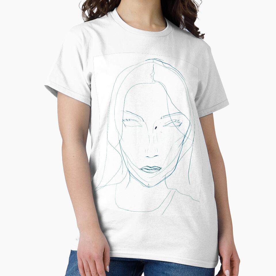 Female Portrait — Minimalist Teal Ink Contour Line Drawing by essentialink