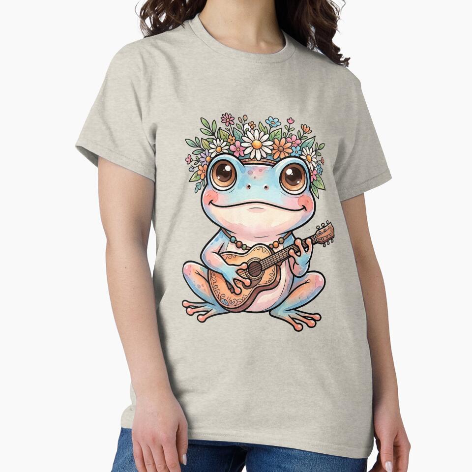 Cute Frog Playing Ukulele Floral Crown Kawaii Cottagecore Sticker by NeonKawaiiCo