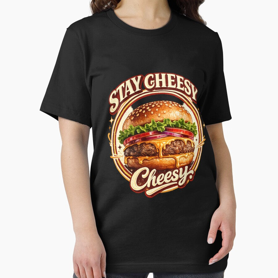 Stay Cheesy: Retro Circular Badge Cheeseburger Vintage Typography by irfanshikh
