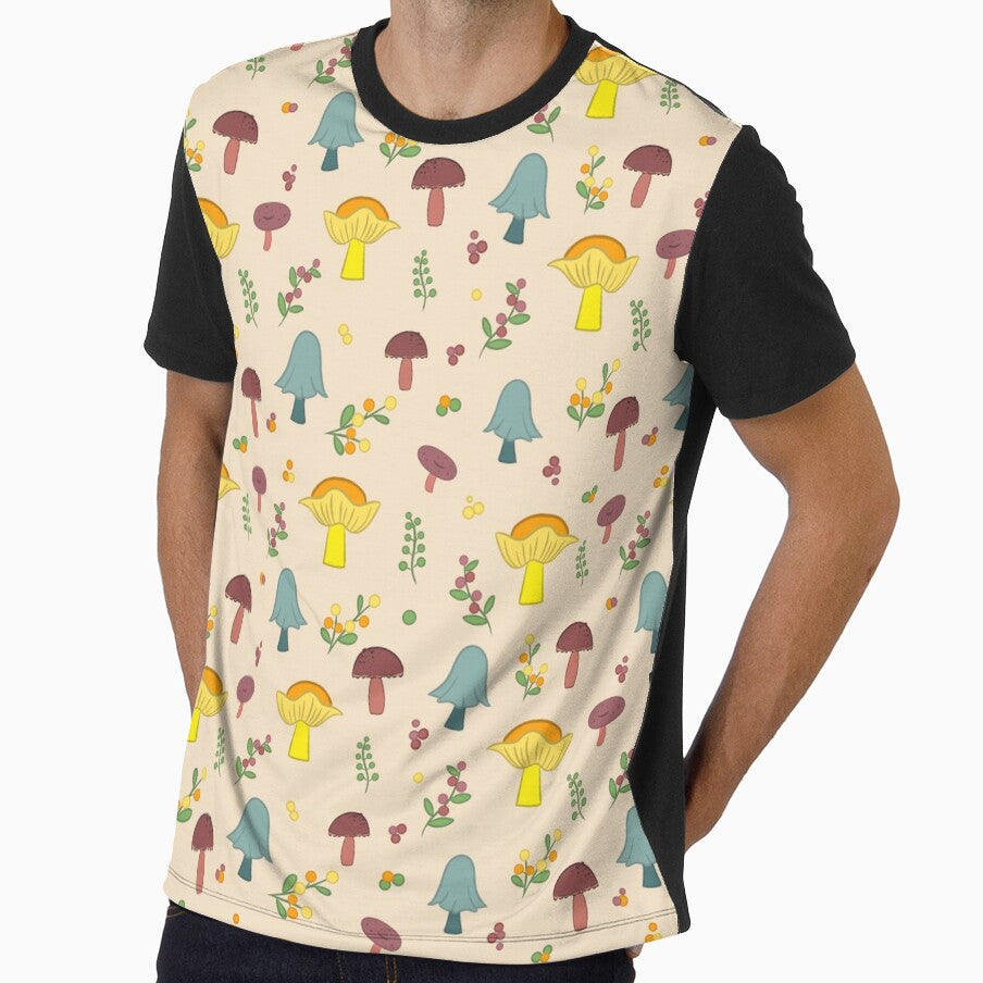Colorful Mushroom Seamless Pattern on a Tan Background by Cherie Brunetti
