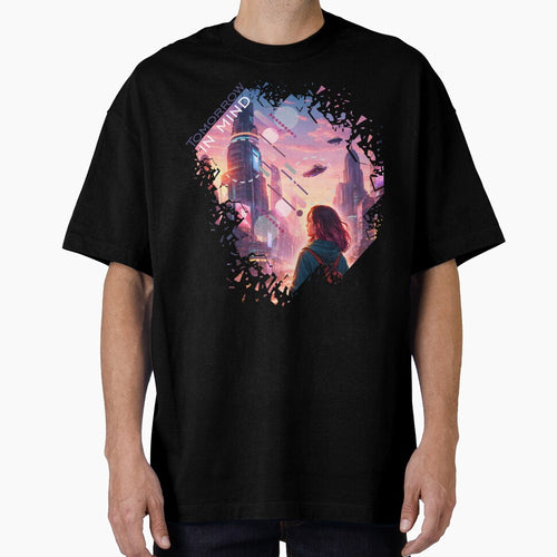 A futuristic cyberpunk city at sunset with a young woman by GraphicComet