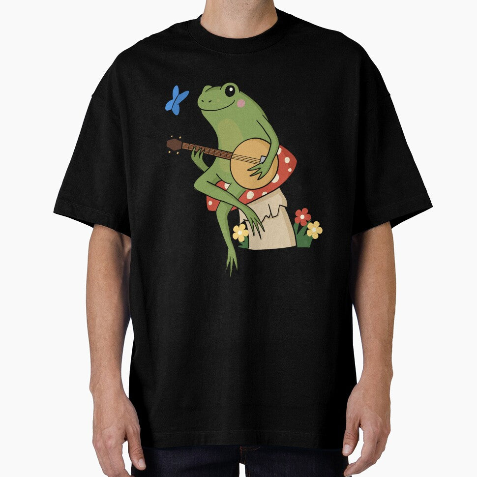 Cottagecore aesthetic cute frog playing a banjo sitting on a mushroom by HopItStudio