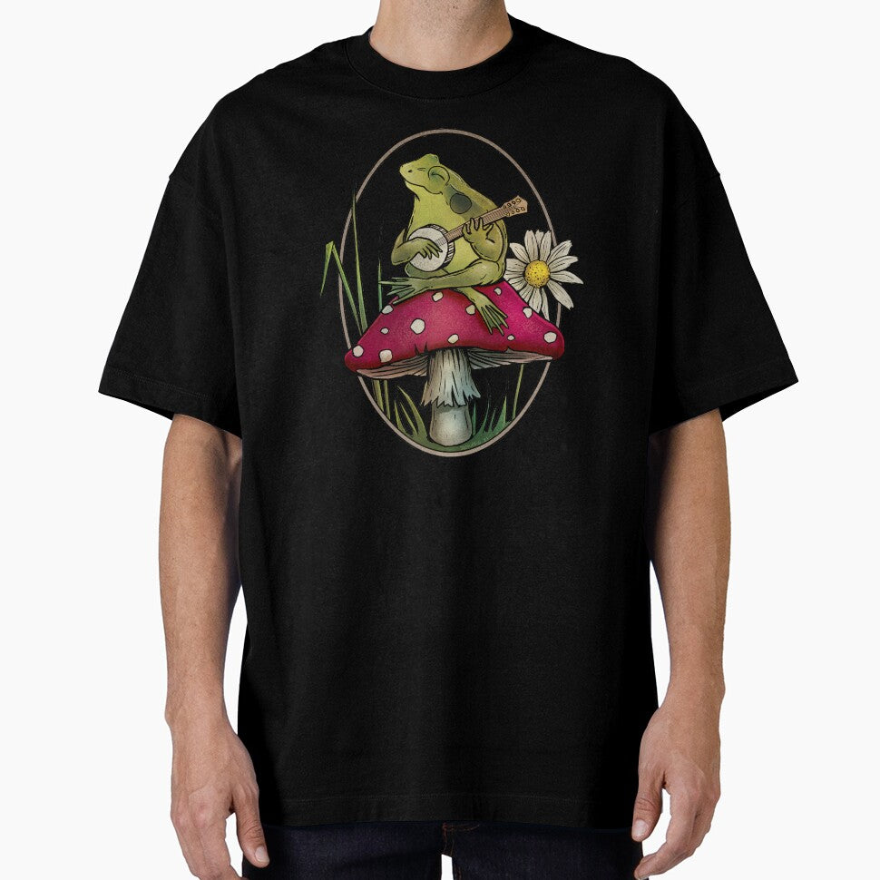 Cottagecore Aesthetic Cute Kawaii Frog Playing Banjo on Mushroom by JinxWhaleDesign