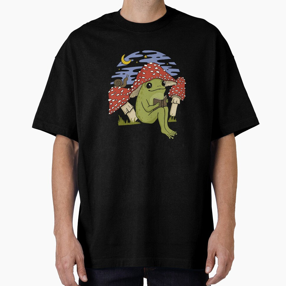 Cute Cottagecore Frog in Mushroom Hat Reading a Book: A Goblincore Toad Bookworm with Snail and Toadstool Features Enjoying a Night Sky in a Fairycore Psychedelic Vintage Setting by MinistryOfFrogs