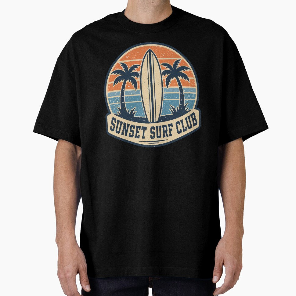Sunset Surf Club Vintage Badge – Retro Beach Surfing Graphic Design by SaDesign99
