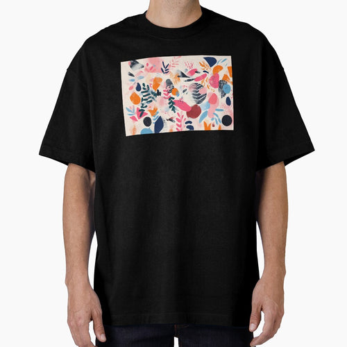 Abstract design featuring bold shapes and vibrant colors, with overlapping patterns of leaves, circles, and splashes in pink, blue, and orange. by Innercosmic