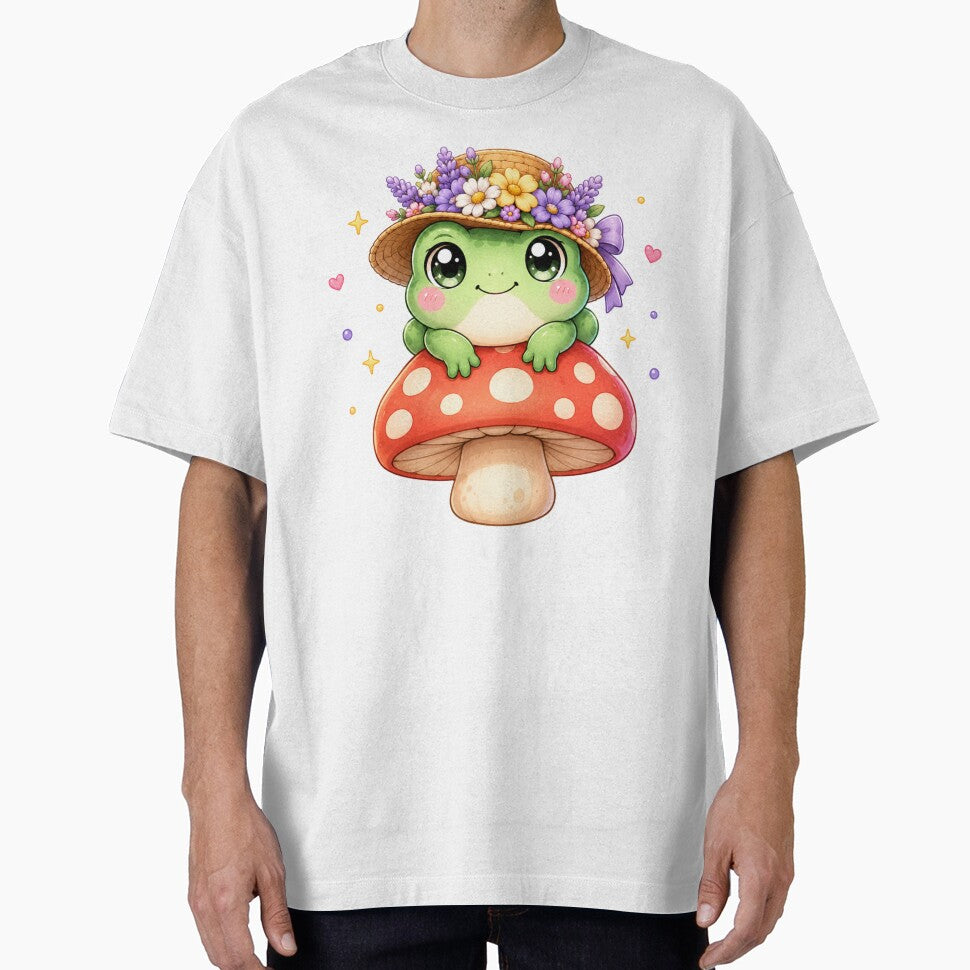 Frog on Mushroom Floral Hat | Kawaii Cottagecore Spring Art by Dulxoz