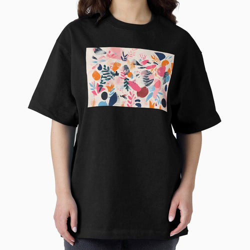 Abstract design featuring bold shapes and vibrant colors, with overlapping patterns of leaves, circles, and splashes in pink, blue, and orange. by Innercosmic