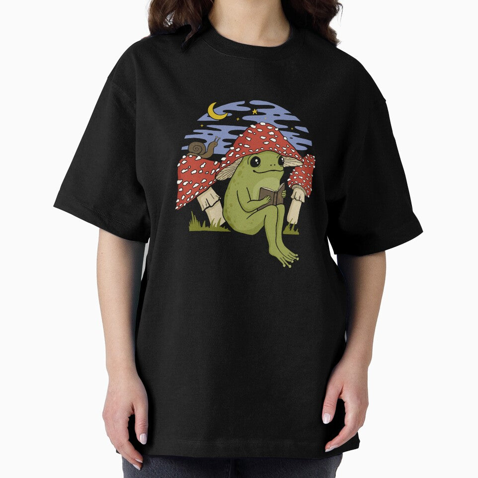 Cute Cottagecore Frog in Mushroom Hat Reading a Book: A Goblincore Toad Bookworm with Snail and Toadstool Features Enjoying a Night Sky in a Fairycore Psychedelic Vintage Setting by MinistryOfFrogs