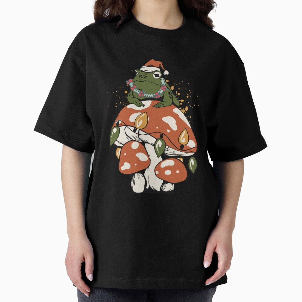 Cottagecore Aesthetic Frog On Mushroom Wearing Christmas Hat by TDesignFactory